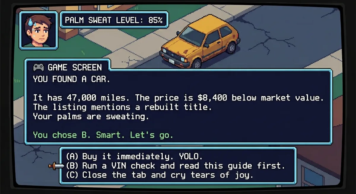 You found a car. 47,000 miles, $8,400 below market. Rebuilt title. You chose B — run a VIN check and read this guide first.