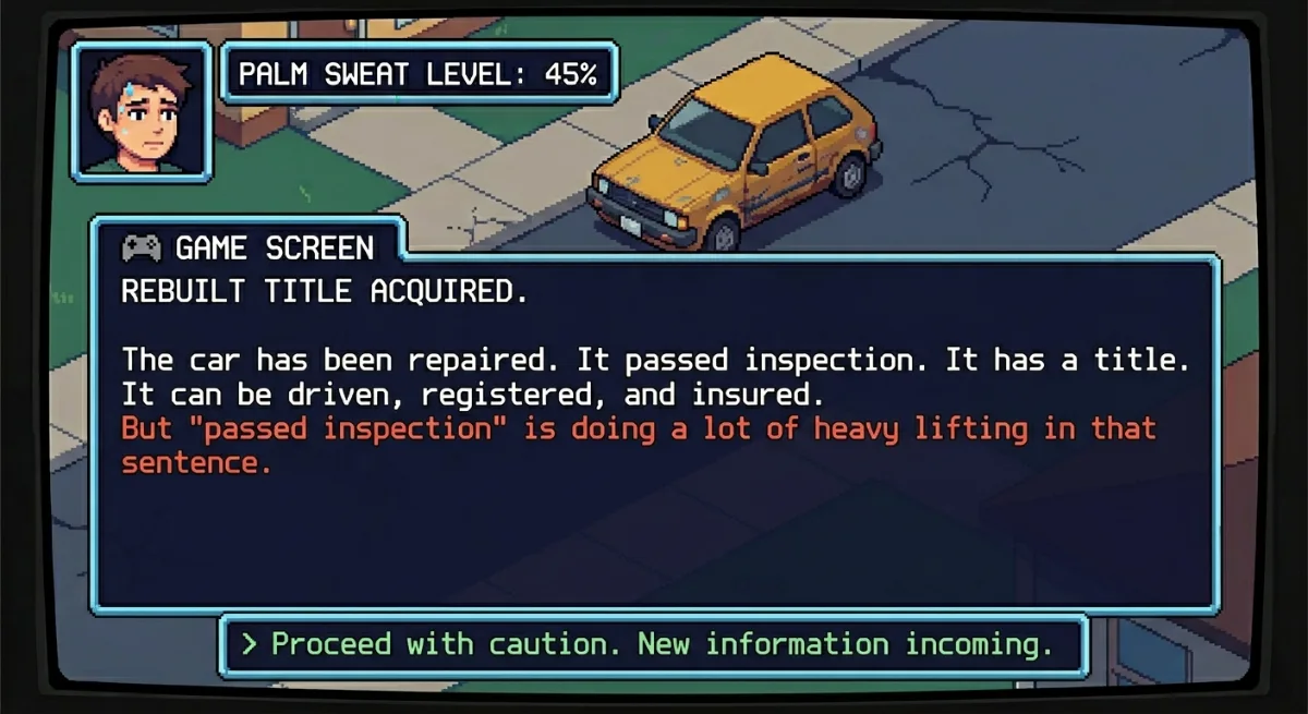 Rebuilt title acquired. The car was repaired, passed inspection, and has a title. Proceed with caution.