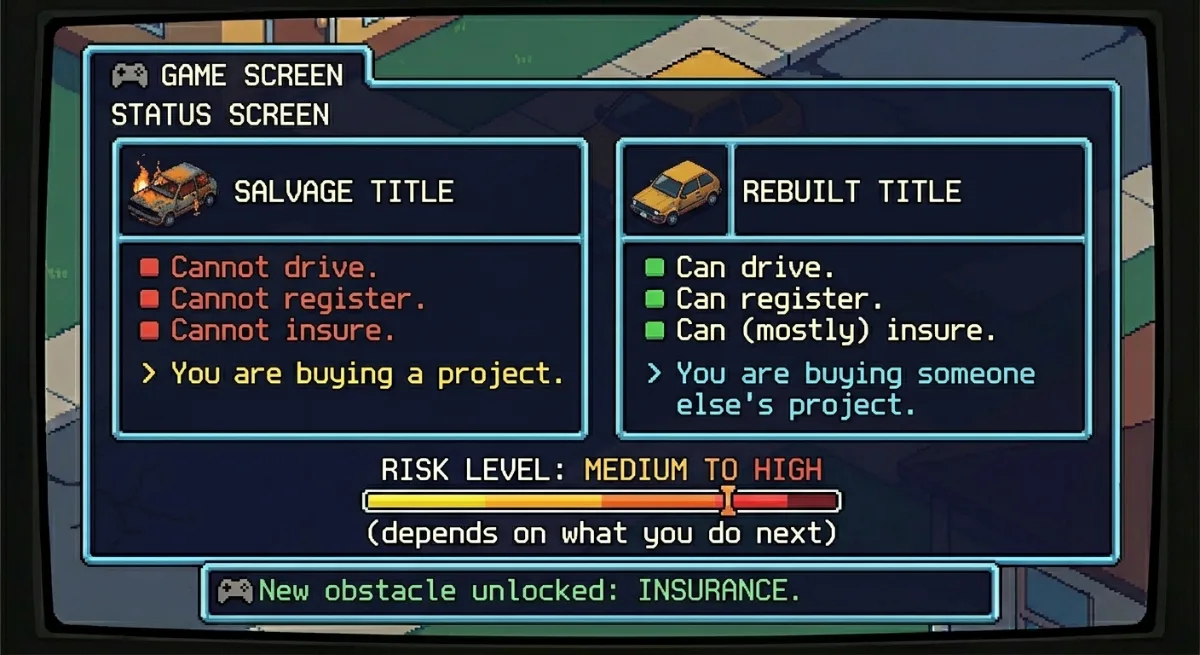 Status screen. Salvage title — cannot drive, register, or insure. Rebuilt title — can drive, register, insure. Risk level: medium to high.