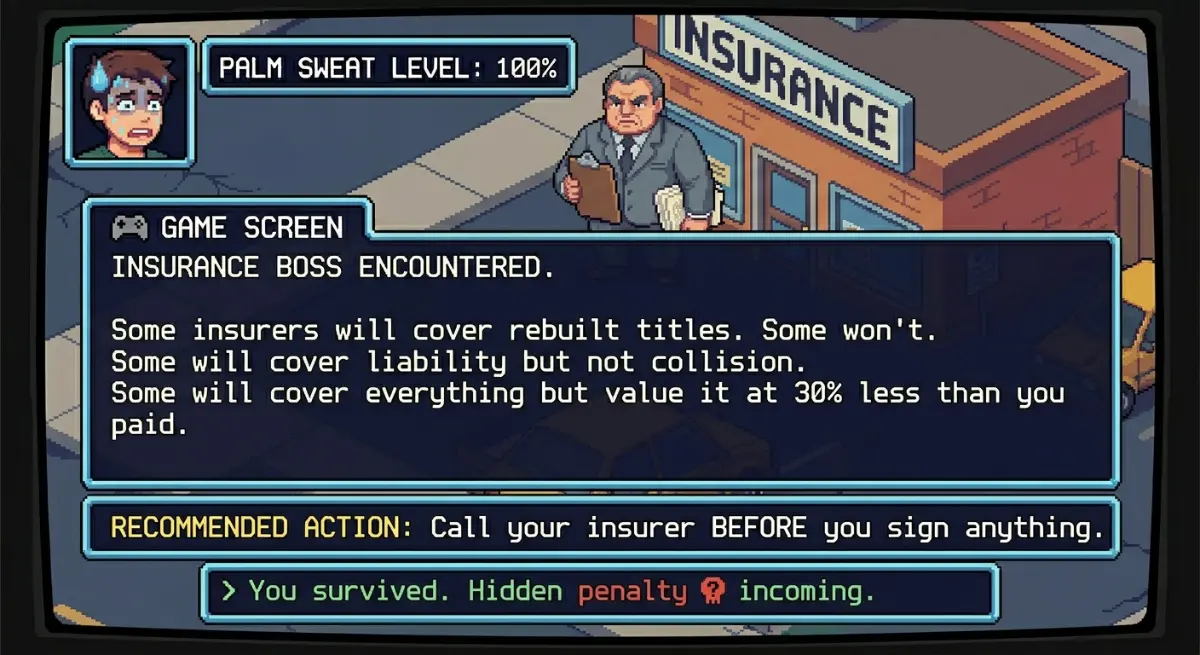 Insurance boss encountered. Some insurers cover rebuilt titles, some don't. Call your insurer before you sign anything.
