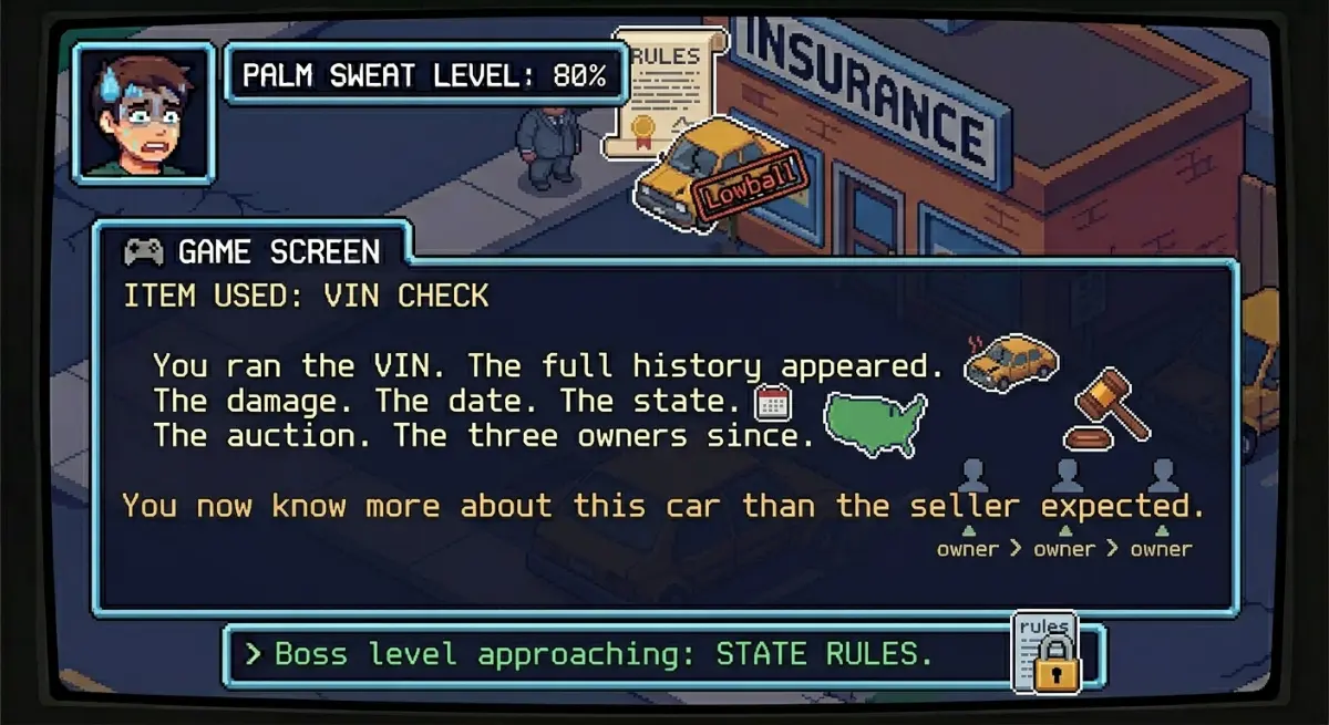 Item used — VIN check. Full history appeared: damage, date, state, auction, three owners. You know more than the seller expected.