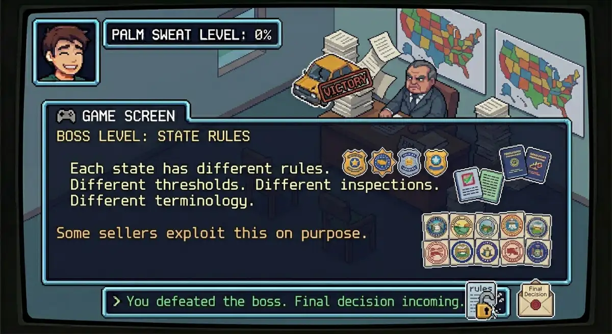 Game screen: Boss level — state rules. Each state has different thresholds, inspections, and terminology. Some sellers exploit this on purpose.