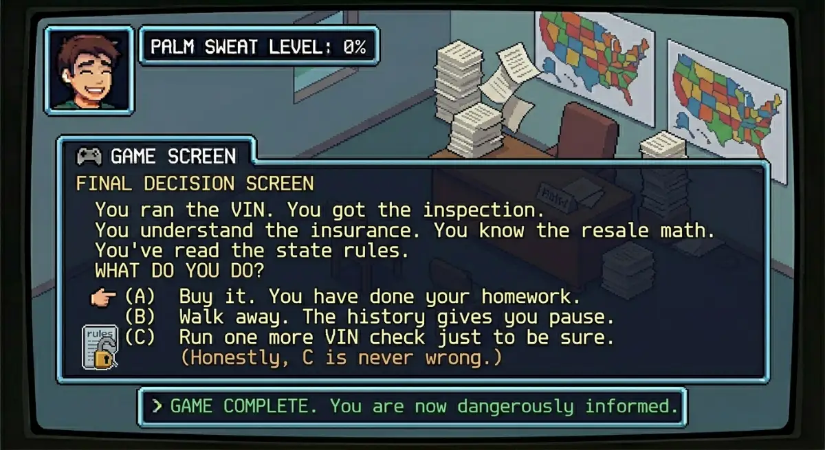 Game screen: Final decision screen. You ran the VIN, got the inspection, understand the insurance and resale math. Game complete.